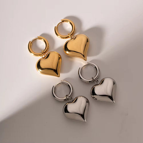 18K Gold Plated Waterproof Stainless Steel Chunky Hoop Huggie Heart Shape Pendant Earring Women