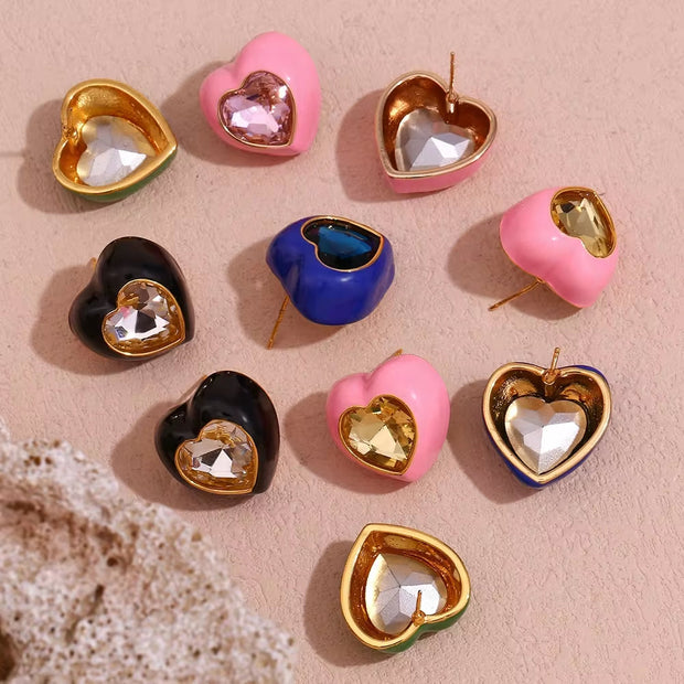 Spring Fashion Colorful Earrings Women Shining Heart Zircon Stud Earrings Gold Plated Stainless Steel Jewelry