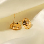 Coin Shape Star Cubic Zirconia Shiny Hammered 18K Gold Plated Stainless Steel Stud Earrings Tarnish Free