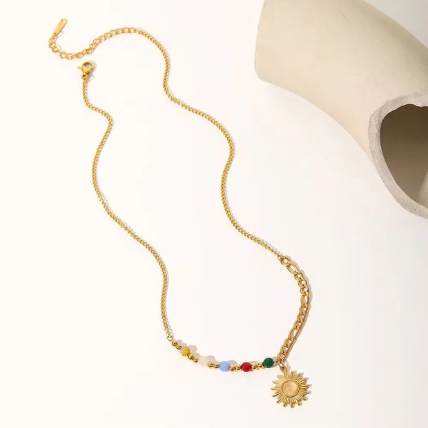 New Stainless Steel 18K Gold Half Color Bead Chain Half Figaro Chain Natural Opal Stone Sun Pendant Necklace