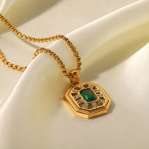 Vintage Jewelry 18K Gold Plated Box Chain Stainless Steel Hollow Green Zircon Pendant Necklace