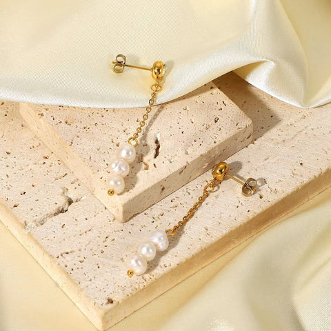 14K Gold Plated Stainless Steel Jewelry Gift Waterproof Cubic Zirconia Long Chain Pearl Earrings