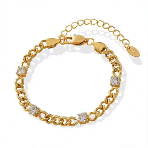 18K Gold Plated Stainless Steel Jewelry Waterproof Charm Cuban Chain Cubic Zirconia Bracelet for Women Ladies