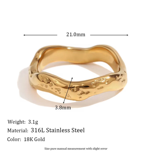 Hammered Water Wave Signet Ring Gold Plated Jewelry Tarnish Free Engagement Rings Stainless Steel Jewelry