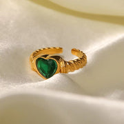 18K Gold Plated Stainless Steel Uneven Surface Heart Shape Green Cubic Zirconia Opening Rings