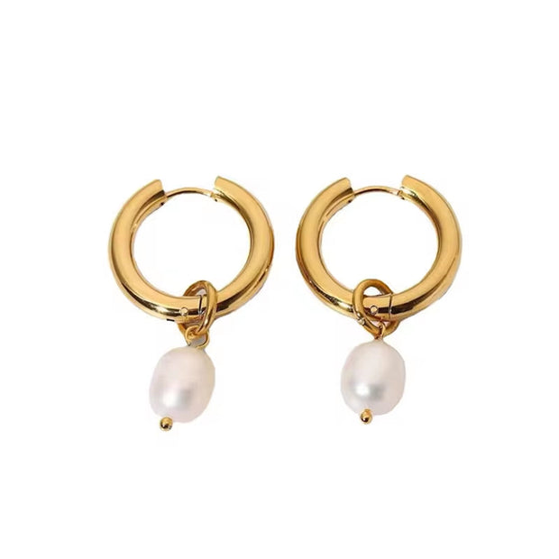 Classic 18K Gold Plated Natural Pearl Drop Earrings Waterproof Stainless Steel Pearl Huggie Earrings