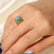 18K Gold Plated Turquoise Swirl Marks Wide Opening Stainless Steel Rings for Women Jewelry