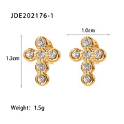 18K Gold Plated Cross Shape Zircon Insert Stainless Steel Stud Earrings Waterproof Jewelry