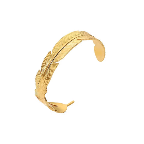 18K Gold Plated Wide Feather Design Palm Frond Stainless Steel Minimalism Opening Bangles