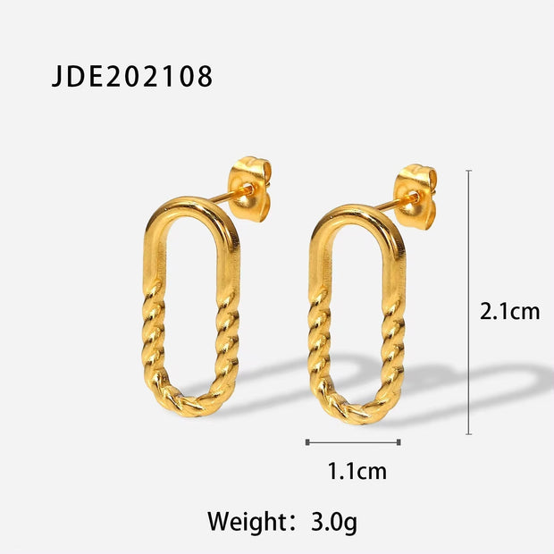 18K Gold Plated Earrings Geometric Stainless Steel Semi Gloss Semi Twist Oval Stud Earrings