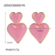 Trendy 18K Gold Plated Colorful Enamel Love Earring Stainless Steel Chunky Smooth Double Heart Drop Earrings