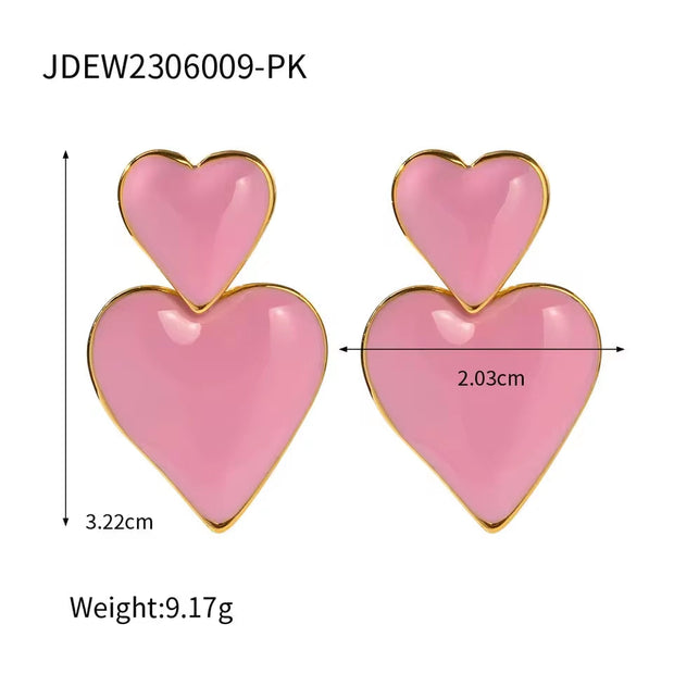 Trendy 18K Gold Plated Colorful Enamel Love Earring Stainless Steel Chunky Smooth Double Heart Drop Earrings