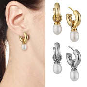 New Style 18K Gold Plated Jewelry Accessories Brass Elegant CC Shaped Pearl with Diamond Stud Earrings