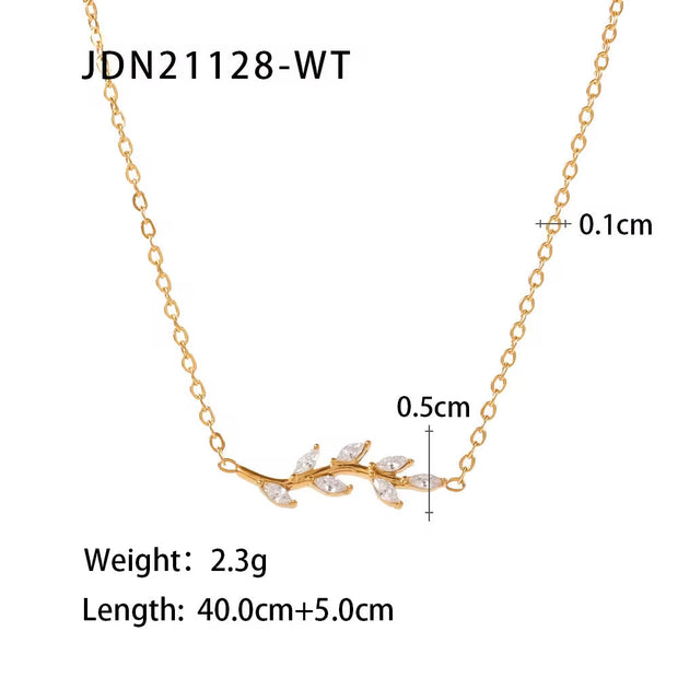 18K Gold Plated Oval Zircon White Inlaid Tree Branch Shape Stainless Steel Necklaces for Ladies