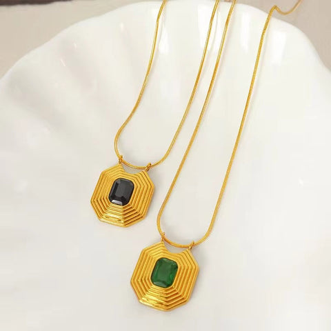 JEWELRY XL59 French Peplum Square Pendant Necklace 18K Gold Vintage Style Geometric Inlaid Glass Stone Necklace