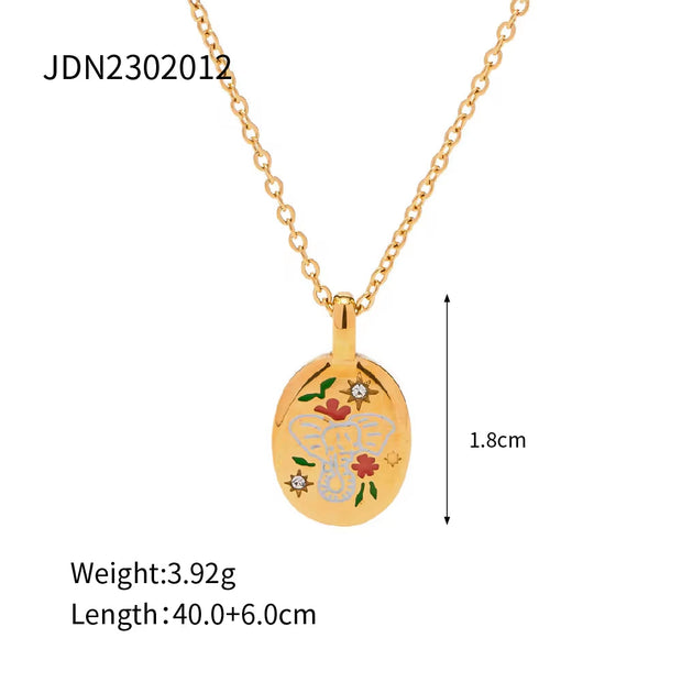 Spring Enameled 18K Gold Plated Flower Tree Animal Pattern Zircon Rings Necklace Earrings Set Jewelry