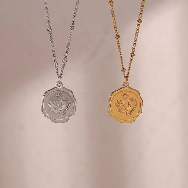 18K Gold Plated Engraved Fingerprint Footprint Zircon Pendant Necklace Non Tarnish Stainless Steel Bead Chain Necklace