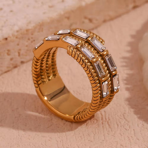 Chunky Zircon Statement Jewelry Multilayer Bamboo Design Gold Plated Stainless Steel Signet Ring