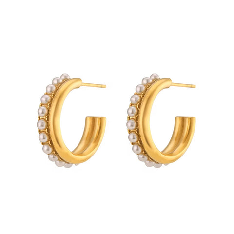 Spring Fashion Designer Earrings Zircon & Pearl Hoop Earrings Women 18K Gold Plated Stainless Steel Jewelry