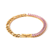 Stainless Steel 18K Gold Plated Jewelry Pink Full Cubic Zirconia Figaro Chian Bracelet for Women