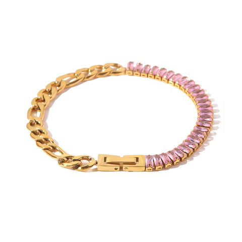 Stainless Steel 18K Gold Plated Jewelry Pink Full Cubic Zirconia Figaro Chian Bracelet for Women