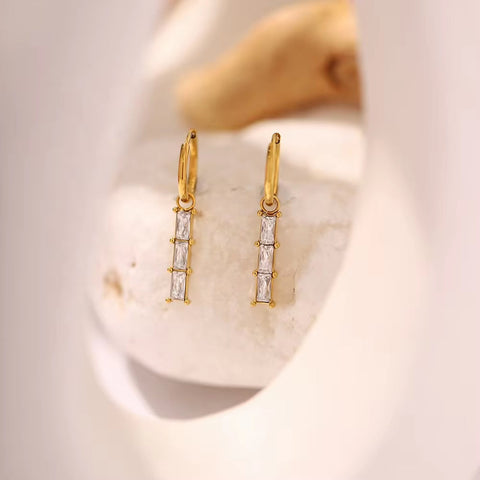 18K Gold Plated Stainless Steel White Cubic Zirconia Bamboo Design Pendant Dainty Hoop Earrings