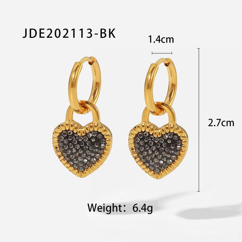 INS Trendy Stainless Steel 18K Gold Plated Earrings Girls Black Cubic Zirconia Heart Hoop Earrings for Women