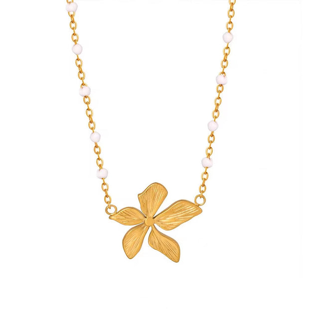 Vintage French Style Flower Chain Necklace Jewelry 18K Gold Stainless Steel Waterproof Minimalist Pearl Flower Necklace