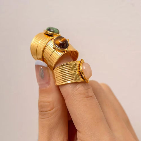 18K Gold Plated Stainless Steel Wide Cyclic Surface Natural Stone Adjustable Rings Hip Hop Unisex