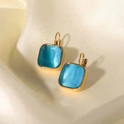 18K Gold Plated Stainless Steel Square Color Opal Cat'S Eye Stone Classic Pendant Earrings for Women