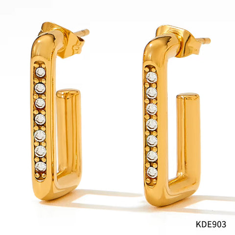 New Design Waterproof 18K Gold Plated Stainless Steel Jewelry Zircon Trimmed Rectangle Hoop Earrings