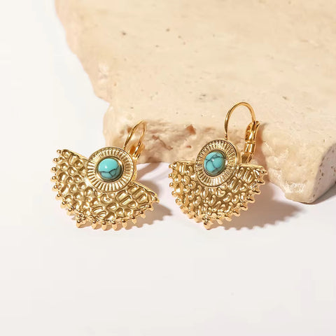 Vintage 18K Gold Plated Turquoise Fan-Shaped Pendant Earrings Gift Jewelry Stone Earrings