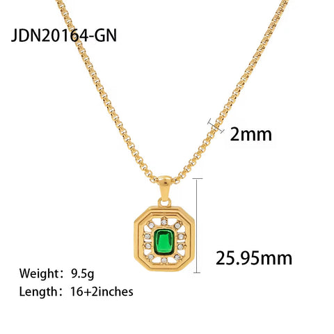 Vintage Jewelry 18K Gold Plated Box Chain Stainless Steel Hollow Green Zircon Pendant Necklace