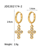 18K Gold Plated Stainless Steel Hoop Pearl Jewelry Cubic Zirconia Cross Pendant Earrings