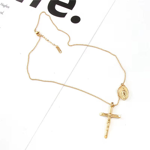 18K Gold Plated Stainless Steel Jewelry Gift Charm Cross Oval Pendant Necklace for Women