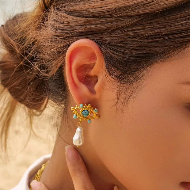 Fashion Stainless Steel Jewelry Plated 18K Gold PVD Turquoise Pearl Evil'S Earrings for Women