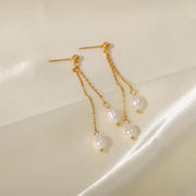 18K Gold Plated Stainless Steel Natural Freshwater Pearl Tassels Pendant Earrings for Ladies Gift