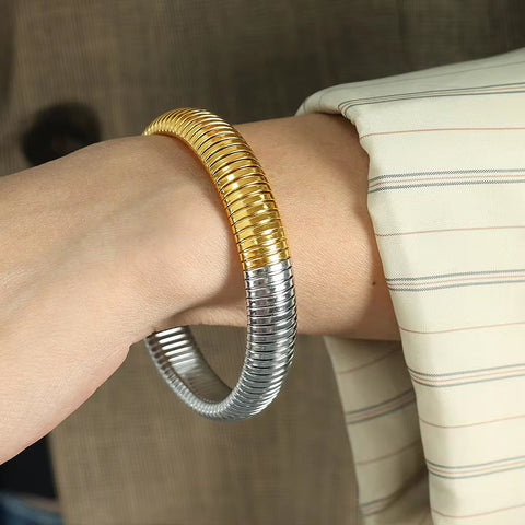 JEWELRY SZ12 Fashion Wide Face Colorblock Bangles Stretchy Snake Bone Hip Hop Style Bangles