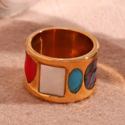 New Design Geometric Turquoise Signet Ring Gold Plated Stainless Steel Statement Jewelry