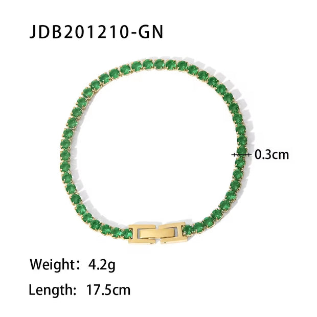 PVD Gold Plated Stainless Steel Green Cubic Zirconia Dainty Snake Butterfly Tennis Link Chain Bracelets