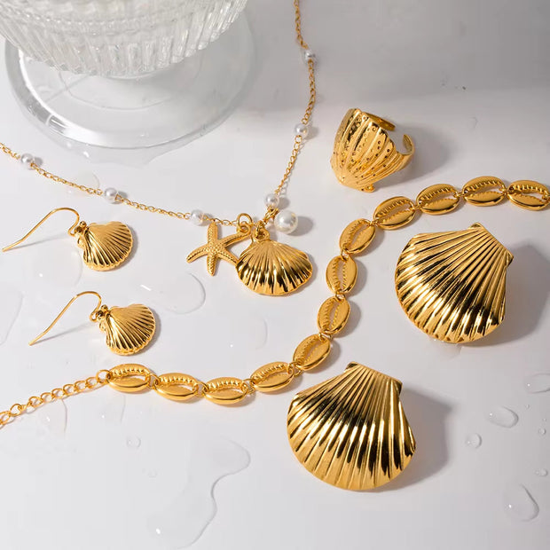 Unique Earrings 18K Gold Plated Stainless Steel Texture Scallop Shell Shape Necklace and Earring Set