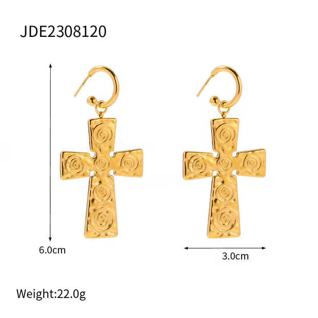 Design Spiral Hammer Cross Pendant Earrings 18K Stainless Steel PVD Gold Plated CC Drop Earring for Women