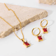 New Trendy 18K Gold Plated Stainless Steel Jewelry Mini Rectangle Red Zircon Earrings Pendant Necklace Set for Women