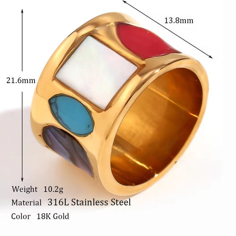 New Design Geometric Turquoise Signet Ring Gold Plated Stainless Steel Statement Jewelry