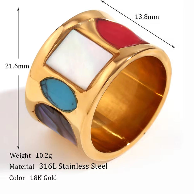 New Design Geometric Turquoise Signet Ring Gold Plated Stainless Steel Statement Jewelry