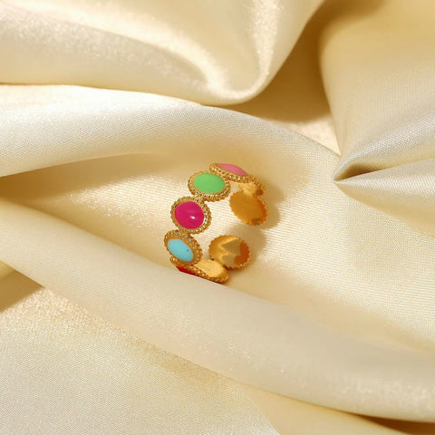 Stainless Steel 18K Gold Plated Oil Driping Enamel Waterproof Oval Bean Opening Rings