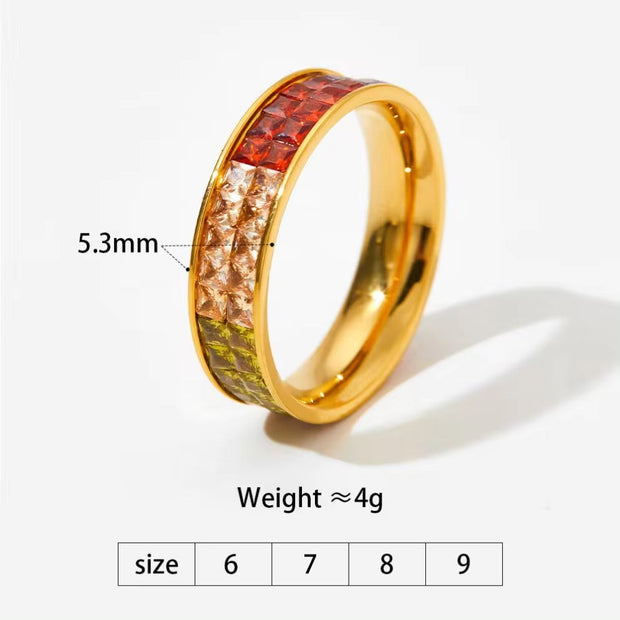 Classic Hot Sell Double Layer Square Crystal Pave Multicolor Stainless Steel Ring Colorful Diamond Rings Jewelry Wome