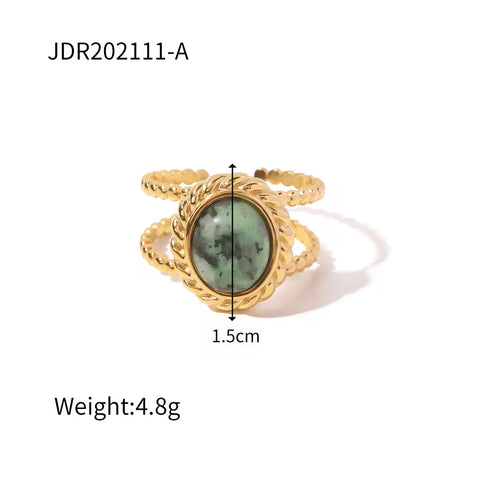 Natural Stone African Turquoise Agate Rope Sun 18K Gold Plated Stainless Steel Opening Rings