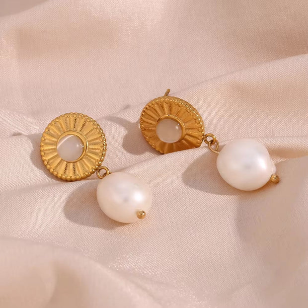 Trending Products 2023 New Arrivals Sunflower Shape Fresh Water Pearl Drop Earring Gold Plated Stainless Steel Opal Earrings