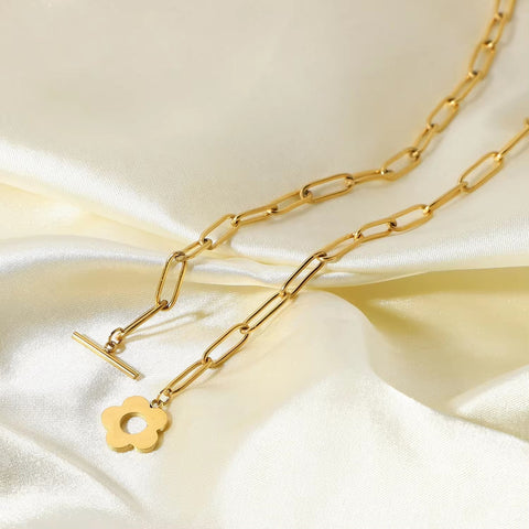 18K Gold Cute Flower OT Buckle Choker Stainless Steel Paper Clips Chain Necklace for Gifts